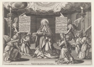 Magnificat: Die Jungfrau umgeben von musizierenden Engeln von Jan Sadeler I, after Maarten de Vos