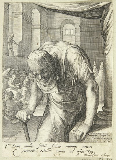 Die verkrüppelte alte Dame, die von Jesus geheilt wird von Jan Saenredam