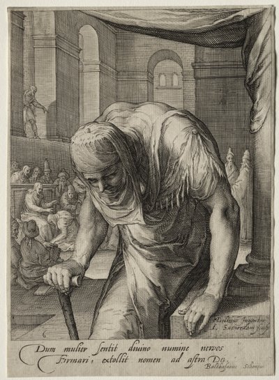Heldinnen des Neuen Testaments: Die von Christus geheilte verkrüppelte Frau von Jan Saenredam