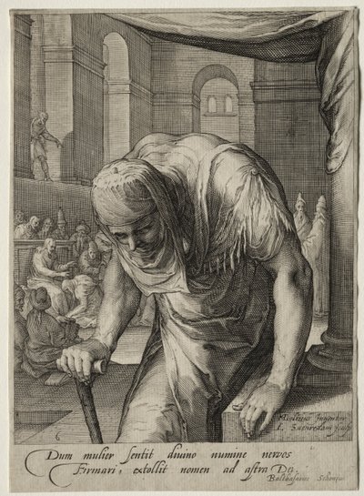 Heldinnen des Neuen Testaments: Die von Christus geheilte verkrüppelte Frau von Jan Saenredam