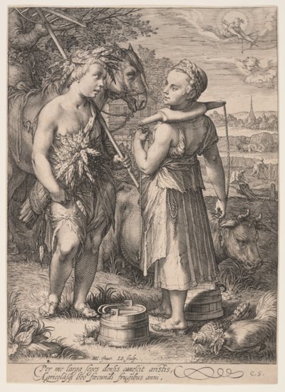 Sommer (Junge mit Weizengarben und Mädchen mit Joch), aus Die vier Jahreszeiten von Jan Saenredam
