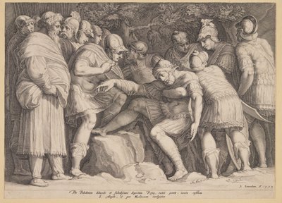 Der verwundete Scipio wird von seinen Söhnen aus der Schlacht getragen von Jan Saenredam