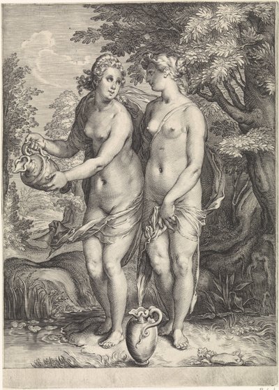 Zwei von Dianas Nymphen an einem Bach von Jan Saenredam