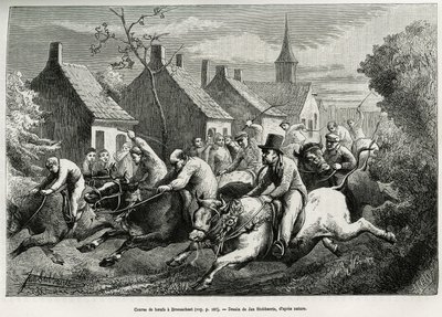 Ochsenrennen in Braesschaet, Dorf im Polder, um das Tier zu feiern, das bei allen schweren Arbeiten eingesetzt wird, es wird dann mit Blumenkränzen geschmückt, von seinem Vieh bestiegen für ein Rennen durch das Dorf und unter dem Jubel der Menge. Gravur vo von Jan Stobbaerts