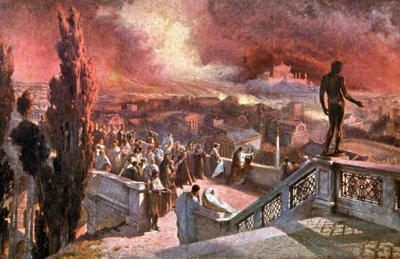 Römischer Kaiser Nero spielt Musik und schaut auf das Feuer von Rom von Jan Styka