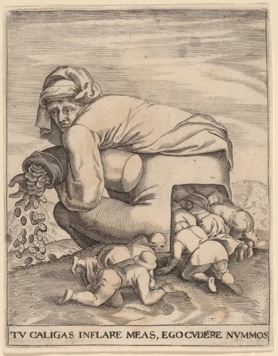 Der Mann mit dem Geldbeutel und seine Schmeichler von Jan Theodor de Bry after Pieter Bruegel the Elder