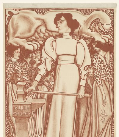 Arbeit für die Frau. Lose der Nationalen Ausstellung der Frauenarbeit zu 50 Cent auf dem Gelände und in den Depots erhältlich. Erster Preis ein Juwelenschmuck im Wert von 1000,- Gulden von Jan Toorop