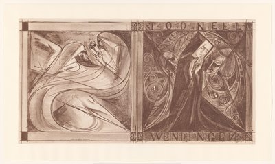 Omslag voor Wendingen met een non met bloemen en twee geesten, waarvan één met een masker in zijn hand von Jan Toorop