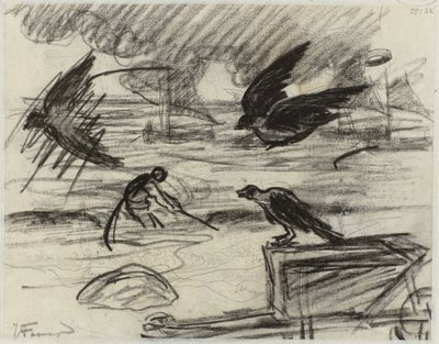 Meeresansicht mit Fischer, im Vordergrund eine Schubkarre mit Vögeln von Jan Toorop
