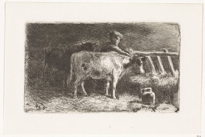 Bauer zwischen zwei Kühen bei einer Raufe im Stall (kleine Variante) von Johannes Martinus Vrolijk