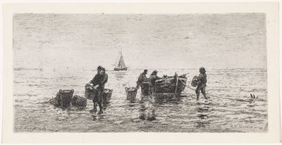 Fischer entladen ein Boot am Strand von Johannes Martinus Vrolijk