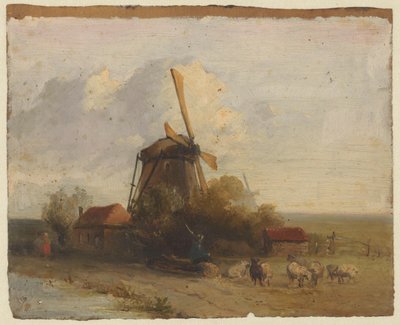 Landschaft mit Mühle und einem Hirten mit Schafen von Jan Weissenbruch