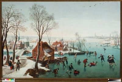 Dezember, Schlittschuhläufer auf einem zugefrorenen See von Jan Wildens