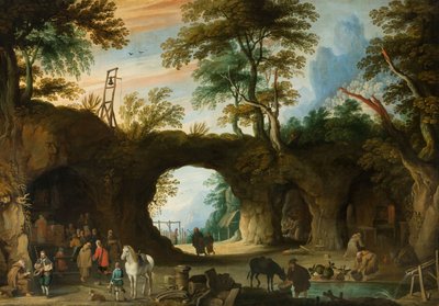 Jan Wildens - Wallfahrtsort in einer felsigen Landschaft von Jan Wildens