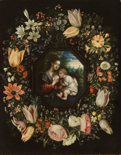 Madonna und Kind in einem Blumenkranz, ca. 1625 von Jan and Balen, Hendrik van Brueghel