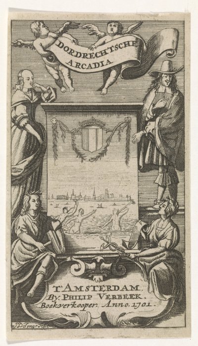 Vier Figuren umrahmen ein Bild von Dordrecht von Jan de Jonge