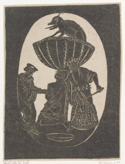 Silhouette von zwei Männern mit einem gefesselten Gefangenen von Jan de Ridder