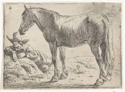 Stehendes Pferd mit ruhendem Reiter Landschaften mit Pferden (Serientitel) von Jan van Aken