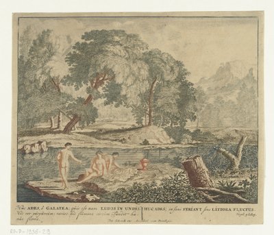 Drei Nymphen baden in einem Teich. Szenen aus Vergils Gedichtsammlung Bucolica (Serientitel) von Jan van Call (I)