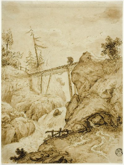 Mann überquert Baumstammbrücke über Wildbach von Jan van Eyck