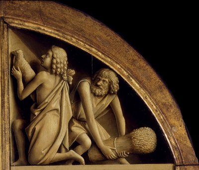 Der Genter Altar. Anbetung des mystischen Lammes: Das Opfer von Kain und Abel, 1432 von Jan van Eyck