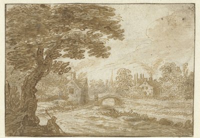 Landschaft mit Häusern und einer kleinen Brücke von Jan van Goyen (possibly)
