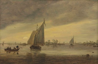 Sonnenaufgang über dem Haarlemmermeer mit einem Schmalboot und anderen Booten von Jan van Goyen