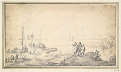 Drei Figuren auf einer Düne mit Blick auf die Bucht mit Schiffen von Jan van Goyen