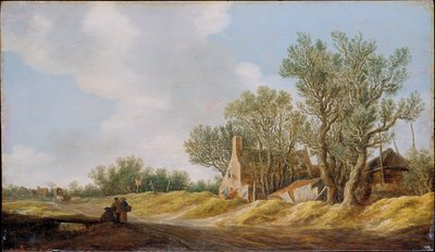 Dorfstraße mit Menschen, die an einer Brücke rasten von Jan van Goyen