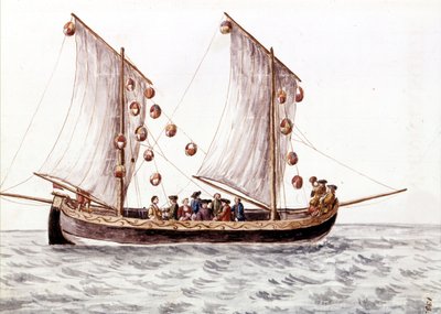 Ein venezianischer Trabac mit Laternen, Fischerboot, das in flachen Gewässern wie der Adria verwendet wird. Aquarellzeichnung und Tinte aus dem Manuskript „Sitten der Venezianer“ von Jan van Grevenbroeck (oder Giovanni Grevembroch (Grevenbroch) (1731-1807) von Jan van Grevenbroeck