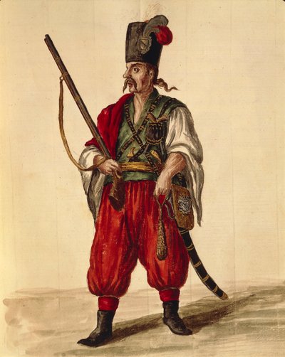 Karabiniersuniform, aus illustriertem Kostümbuch von Jan van Grevenbroeck