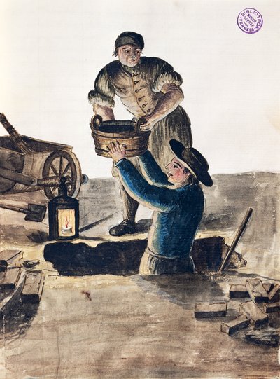Reinigung des öffentlichen Abwasserkanals, Illustration aus dem illustrierten Buch der venezianischen Kostüme von Jan van Grevenbroeck