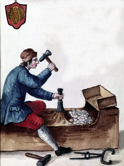 Die Münzherstellung der Republik Venedig: Prägephase. Aquarellzeichnung und Tinte aus dem Manuskript „Customs of the Venitians“ von Jan van Grevenbroeck (oder Giovanni Grevembroch) (1731-1807) von Jan van Grevenbroeck