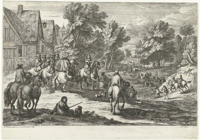 Ansicht eines Dorfes mit Reitern im Vordergrund von Jan van Huchtenburg