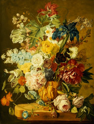 Rosen, Pfingstrosen, Tulpen, Prunkwinde, eine Iris, Akelei, eine Mohnblume, Jonquillen und andere Blumen in einer geschnitzten Urne auf einem Steinsims von Jan van Huysum
