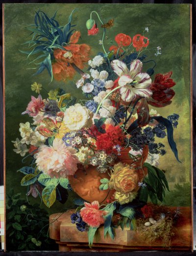Stillleben mit Blumen und einem Vogelnest auf einem Sockel von Jan van Huysum