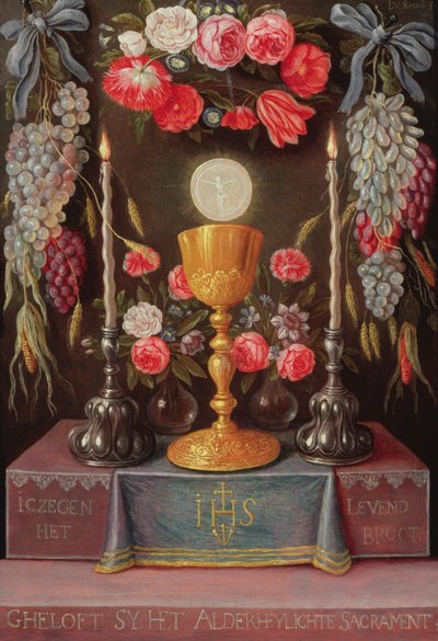 Ein Kelch mit der Eucharistie in einer Kartusche, dekoriert mit Blumen und Früchten, ca. 1664 von Jan van Kessel the Elder