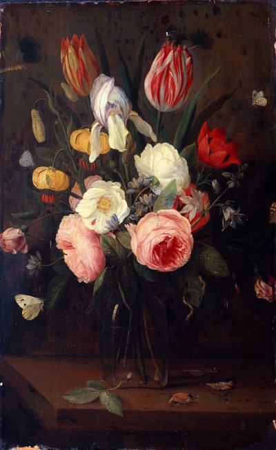 Rosen, Tulpen und andere Blumen in einer Glasvase, mit Insekten, auf einem Tisch von Jan van Kessel