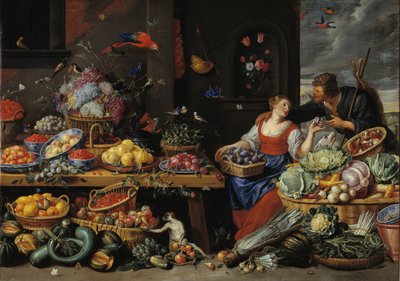 Obst- und Gemüsemarkt mit einer jungen Obstverkäuferin von Jan van Kessel d.Æ.