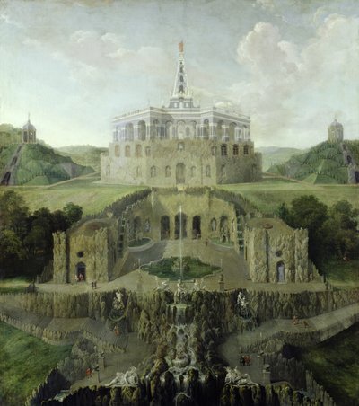 Blick von den Riesenkopf-Wasserfällen über die verzerrte Wassergrotte zum Oktogon, nach 1716 von Jan van Nickelen