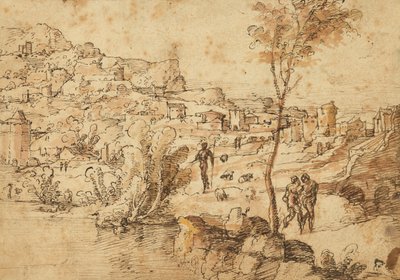 Landschaft mit Hirten an einem Fluss und einer Stadt im Hintergrund (recto); Figurenstudien und römische Ruinen (verso) von Jan van Scorel