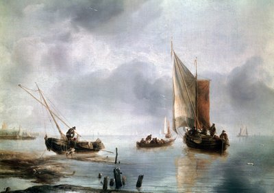 Ein kleines Schiff bei leichtem Wind und ein anderes an Land, ca. 1650-1660, von Jan van de Cappelle, Öl auf Leinwand von Jan van de Capelle or Cappelle