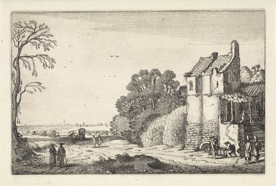 Figuren bei einem Haus und Planwagen auf einem Landweg von Jan van de Velde (II)