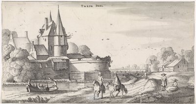 Figuren bei einem Schloss in einer Flusslandschaft von Jan van de Velde (II)
