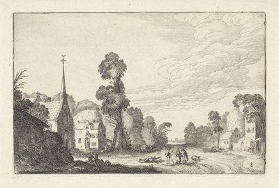 Figuren und Vieh in einem Dorf mit einer Kirche von Jan van de Velde (II)