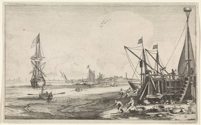 Hafenmole mit Fischern, die ihre Netze einholen von Jan van de Velde (II)