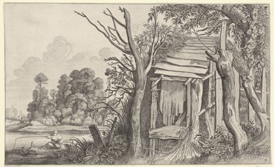 Angler bei einer verfallenen Hütte in einer Landschaft von Jan van de Velde (II)
