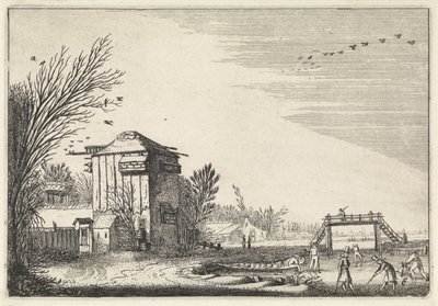 Kolfspieler auf dem Eis bei einem Taubenschlag (Serientitel: Landschaften) von Jan van de Velde (II)