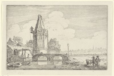 Landschaft mit einem Turm und einer Brücke über den Fluss Niers von Jan van de Velde (II)