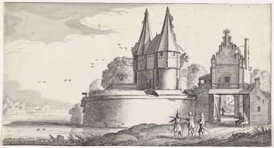 Soldaten bei einem Fort und einem Stadttor an einem Fluss (Playsante lantschappen ende vermakelycke gesichten) von Jan van de Velde (II)